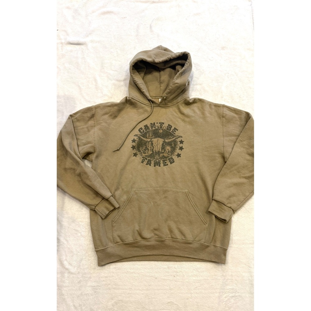 Jerzees Nublend Cant Be Tamed Steer Skull Graphic Hoodie Tan Brown Large